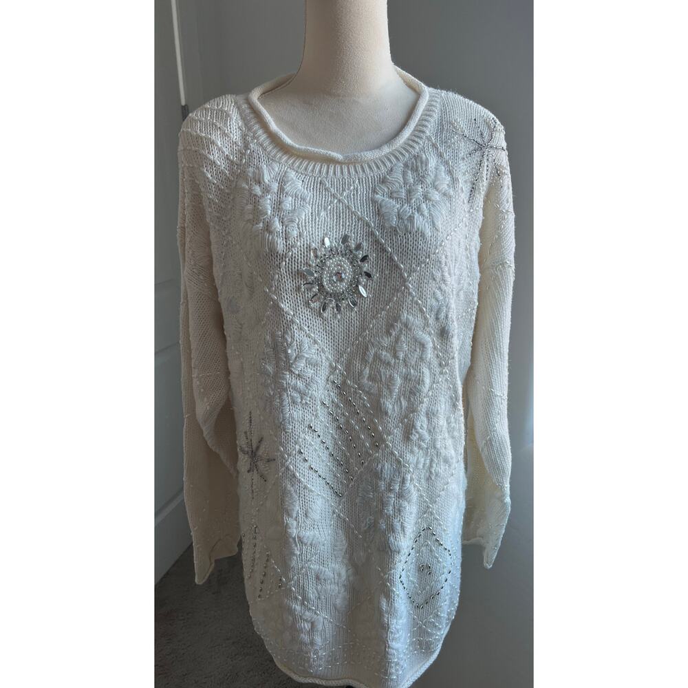 Vtg‎ Maggie Lawrence Women's Cream Christmas Beaded Snowflake Sweater Sz 18/20